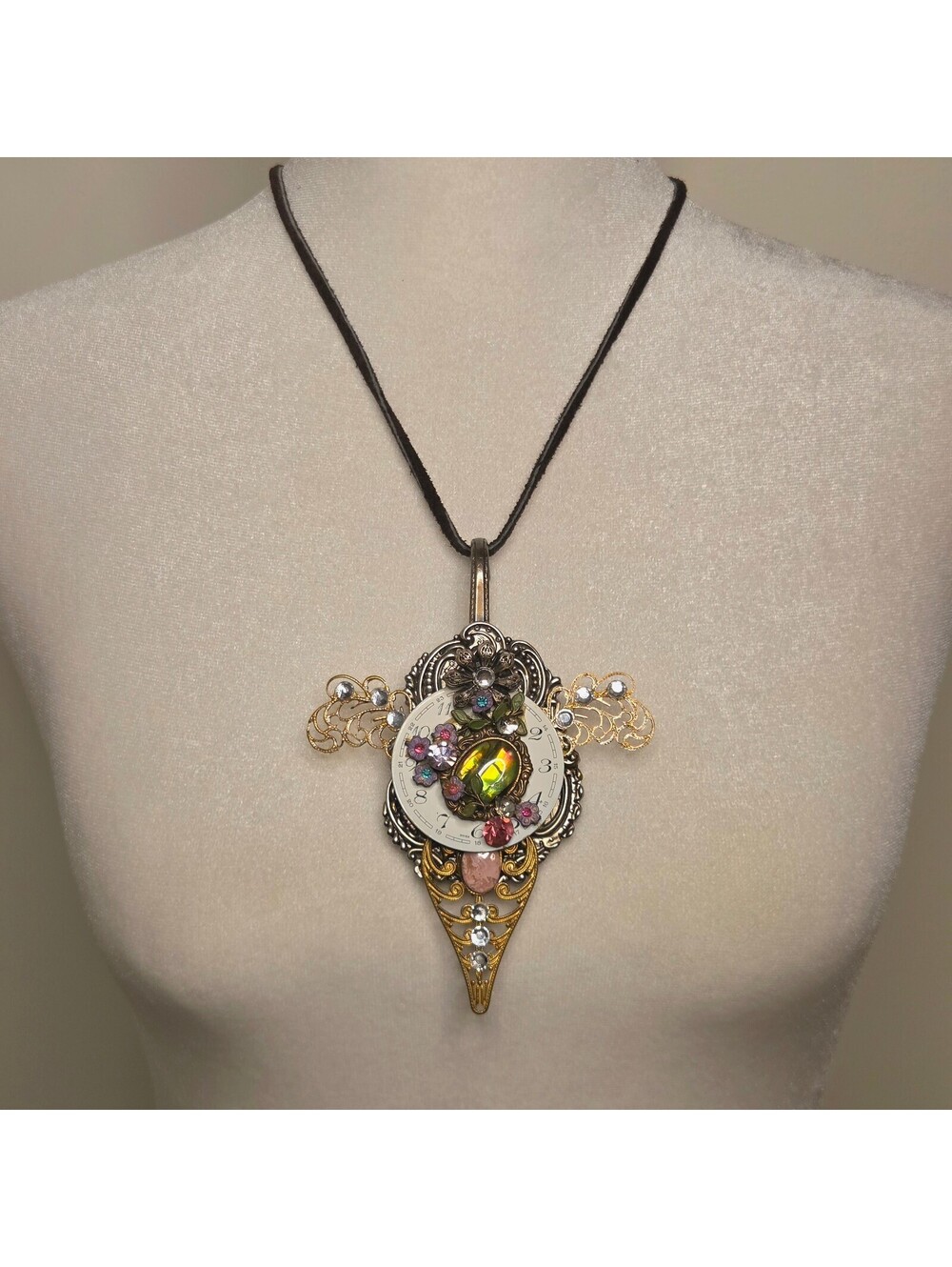 Handmade Fairy Wonderland Statement Clock Pendant Necklace w/ Rhinestones